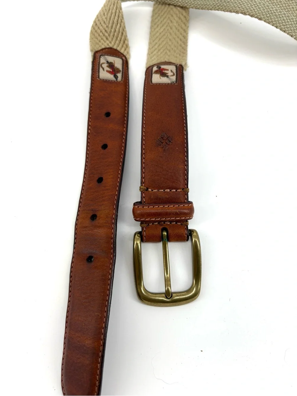 Columbia Sportswear Fly Fishing Belt Men 40 Khaki Canvas Leather Web Lure Trout